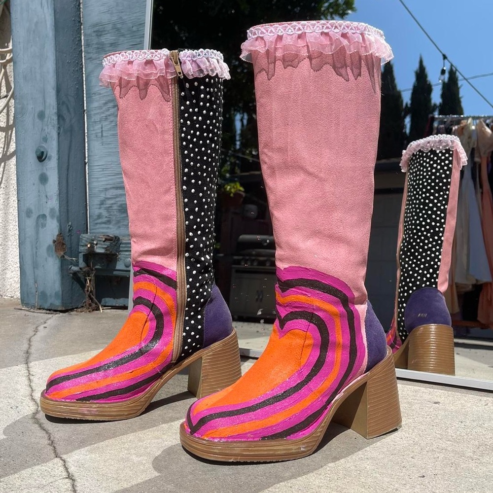 Hand-Painted Ruffle Suede Platform Boots – One of a Kind